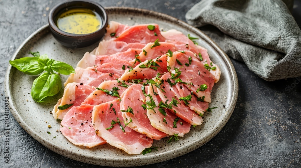 a plate of sliced prosciutto with basil and olive oil, accompanied by a bowl of sauce The plate is placed on a platform, with a cloth draped over it a plate of sliced prosciutto with basil and olive oil, accompanied by a bowl of sauce The plate is placed on a platform, with a cloth draped over it