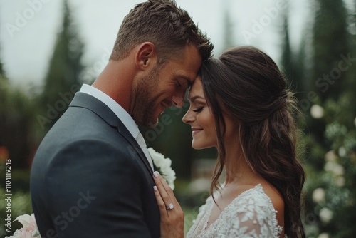 A bride and groom share an intimate moment, foreheads touching as they stand in a lush garden, symbolizing love and unity on their special wedding day.