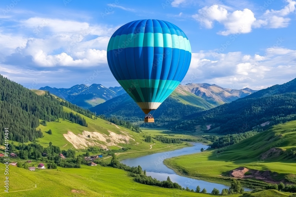 Naklejka premium A calming shot of a hot air balloon with blue stripes floating peacefully over a green valley
