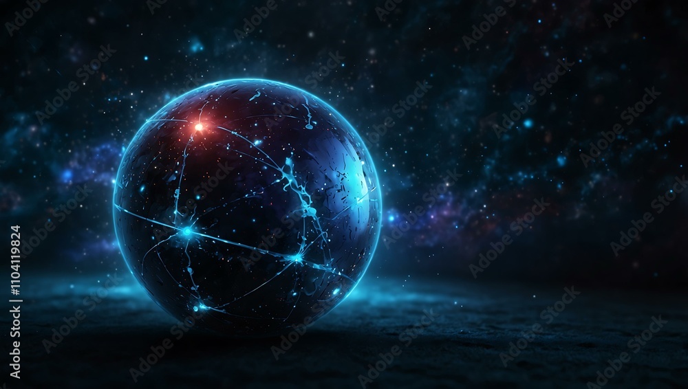 Fototapeta premium Abstract sphere glowing blue with a cosmic background.