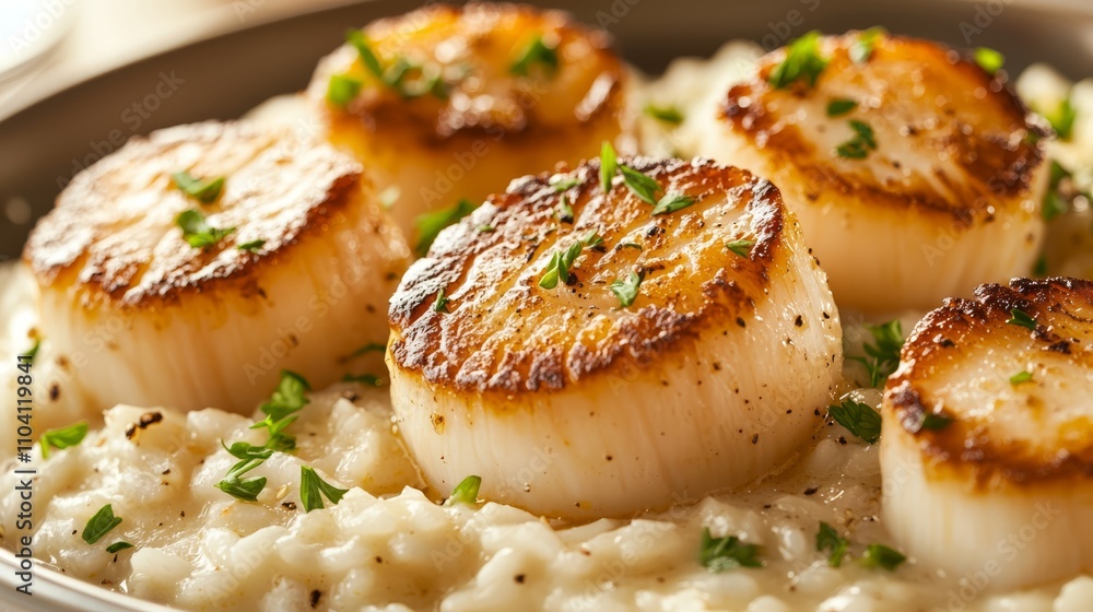 a plate of seared scallops with a creamy risotto, garnished with coriander leaves The background is slightly blurred, giving the focus to the plate of food a plate of seared scallops with a creamy risotto, garnished with coriander leaves The background is slightly blurred, giving the focus to the plate of food