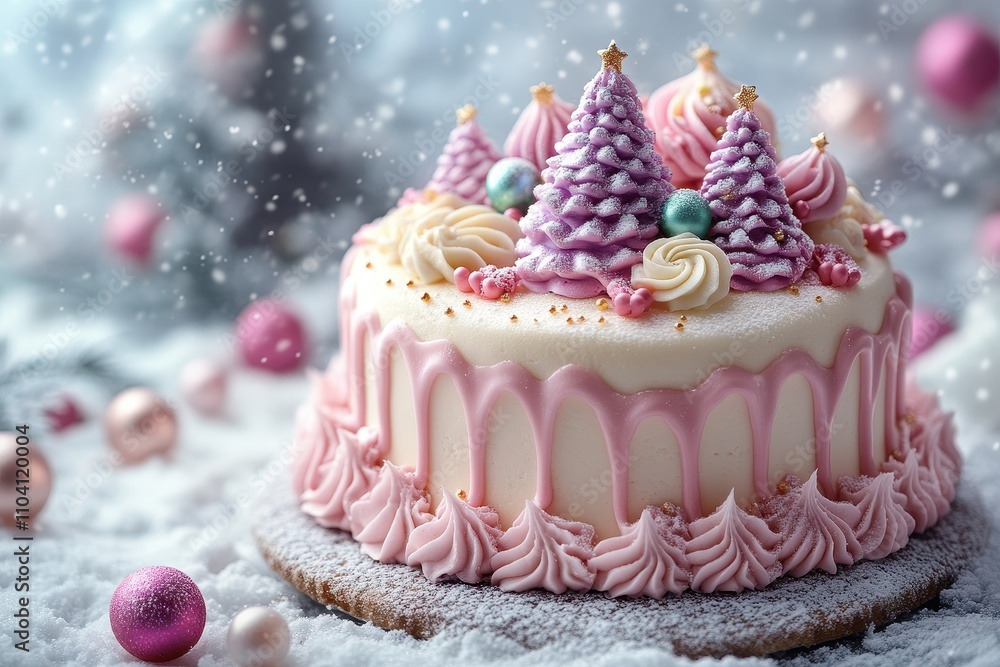 Pink Christmas Cake with Snowflakes, Mistletoe and Gold Glitter Decoration Pink Christmas Cake with Snowflakes, Mistletoe and Gold Glitter Decoration