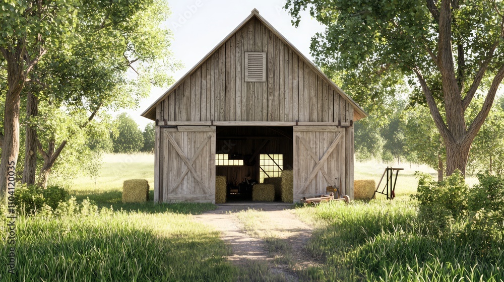 Ultra-Detailed Realistic Image of Rustic Barn with Open Door, Farm Tools, Hay Bales, and Lush Grass Field Ultra-Detailed Realistic Image of Rustic Barn with Open Door, Farm Tools, Hay Bales, and Lush Grass Field