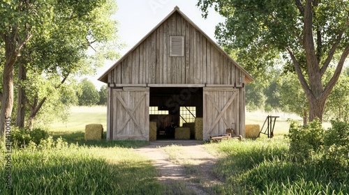 Ultra-Detailed Realistic Image of Rustic Barn with Open Door, Farm Tools, Hay Bales, and Lush Grass Field