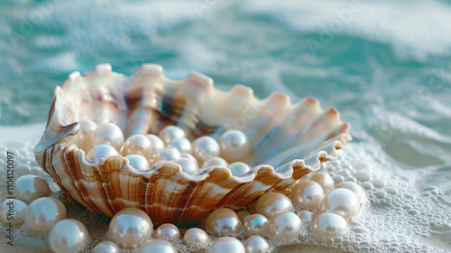 Beautiful Open Seashell with Pearls on a Sandy Beach Surrounded by Gentle Ocean Waves and Bubbles in Natural Sunlight