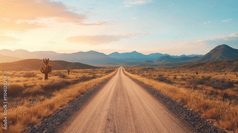 Fototapeta premium A serene dirt road stretches into the horizon, framed by mountains and bathed in warm sunset light, evoking a sense of adventure and tranquility.