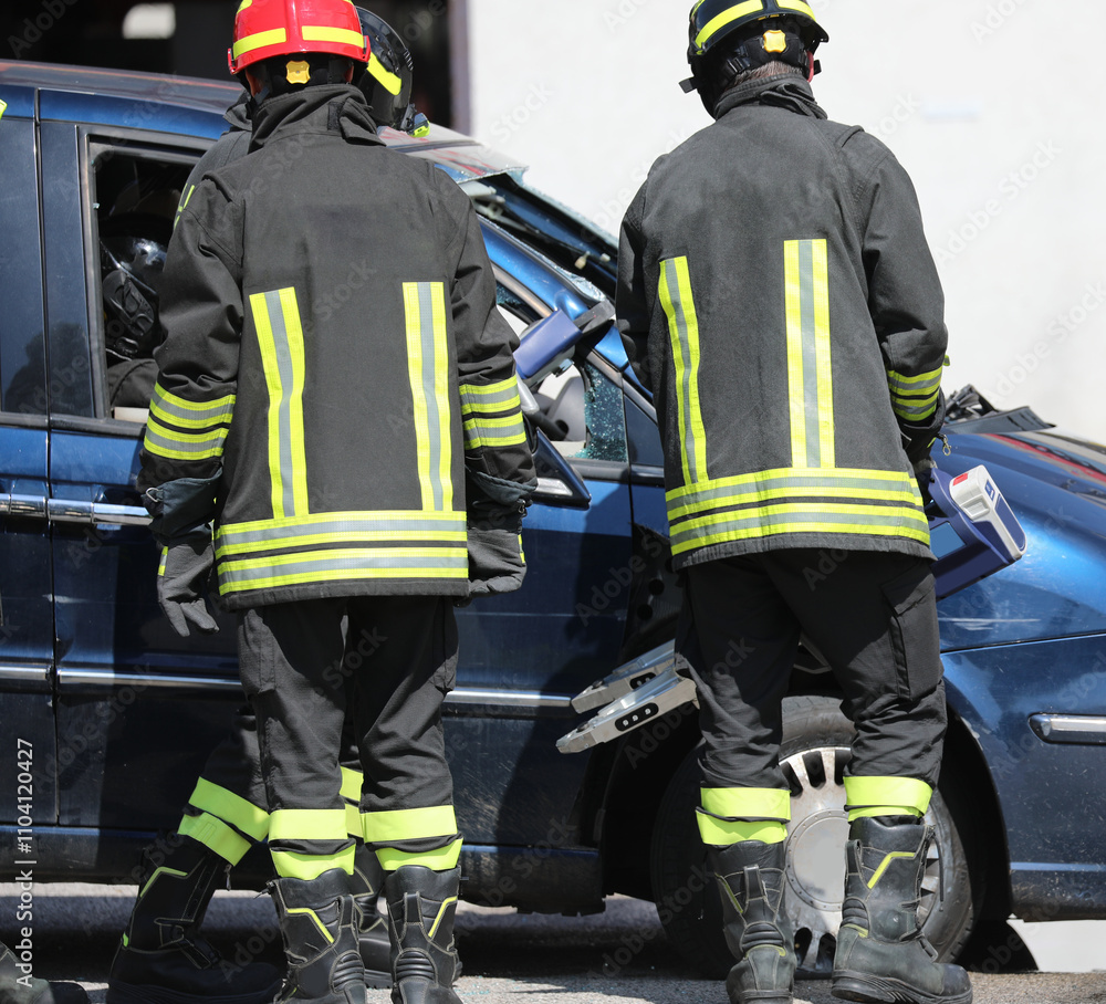 Teams of Firefighters use powerful hydraulic shears to rip off the doors of a damaged car freeing an injured person after a highway accident Teams of Firefighters use powerful hydraulic shears to rip off the doors of a damaged car freeing an injured person after a highway accident