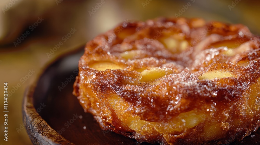 a close up of a cinnamon apple upside down cake on a wooden plate The cake is a golden-brown color and is covered in a light dusting of powdered sugar The backgro a close up of a cinnamon apple upside down cake on a wooden plate The cake is a golden-brown color and is covered in a light dusting of powdered sugar The backgro