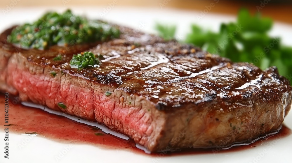 a white plate topped with a juicy steak covered in a flavorful sauce and garnished with fresh parsley The steak looks succulent and juicy, and the sauce is a vibra a white plate topped with a juicy steak covered in a flavorful sauce and garnished with fresh parsley The steak looks succulent and juicy, and the sauce is a vibra