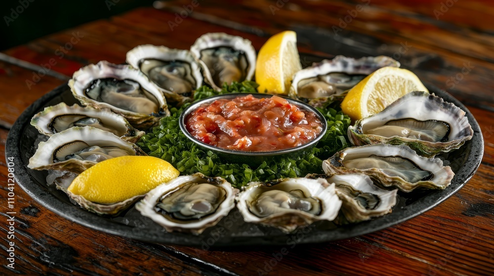 a plate of oysters on the half shell with lemon wedges and a bowl of marinara sauce on a wooden surface The background is slightly blurred, giving the plate and bo a plate of oysters on the half shell with lemon wedges and a bowl of marinara sauce on a wooden surface The background is slightly blurred, giving the plate and bo