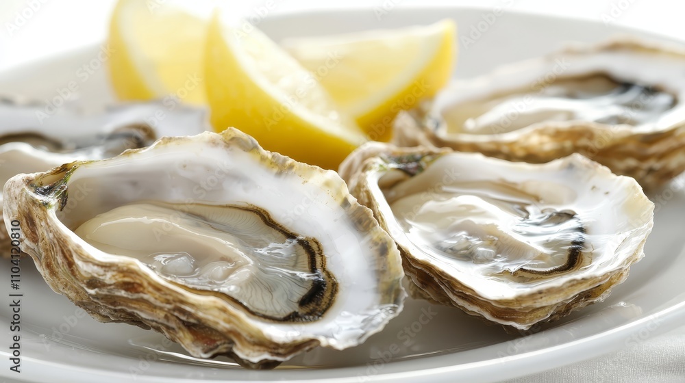a plate of oysters with lemon wedges on a white background The plate is filled with freshly shucked oysters, and the lemon slices are arranged in a circular patter a plate of oysters with lemon wedges on a white background The plate is filled with freshly shucked oysters, and the lemon slices are arranged in a circular patter