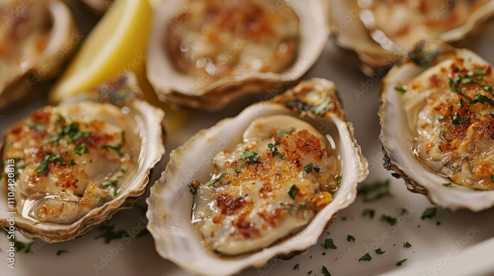 a plate of oysters on the half shell with a lemon wedge, garnished with parsley The plate is white and the background is slightly blurred, giving the image a dream a plate of oysters on the half shell with a lemon wedge, garnished with parsley The plate is white and the background is slightly blurred, giving the image a dream
