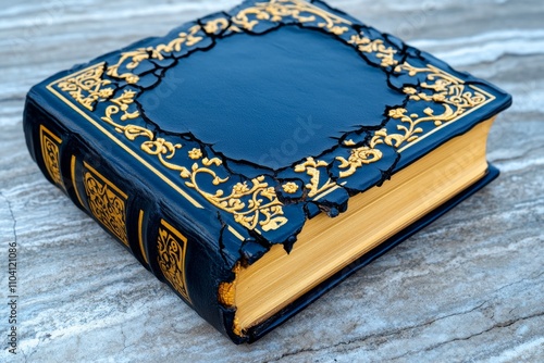 A close-up of a leather-bound book with intricate gold embossing, its spine cracked from decades of use