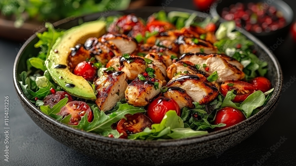 a black bowl filled with a salad composed of chicken, avocado, and tomatoes The background is slightly blurred, giving the focus to the bowl of salad a black bowl filled with a salad composed of chicken, avocado, and tomatoes The background is slightly blurred, giving the focus to the bowl of salad