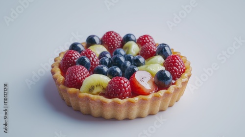  a tart filled with a variety of fresh berries on top of a white table The tart is filled with strawberries, blueberries, and other fruits, creating a colorful and