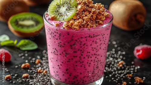  a glass filled with a pink smoothie topped with kiwi and granola, surrounded by other fruits and seeds on a black surface The background is slightly blurred, givin photo