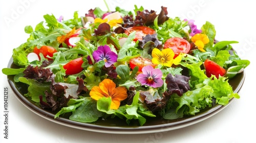  a plate filled with a salad of leafy vegetables and colorful flowers on top of a white table The plate is filled to the brim with a variety of vegetables, includin photo