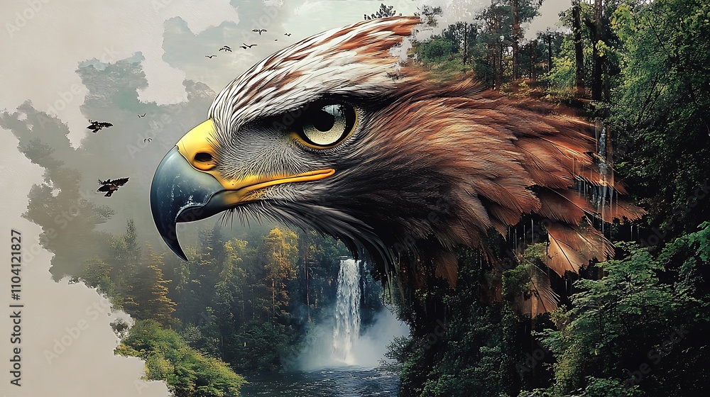 Fototapeta premium A fantasy-inspired Hawk Ridge, the ridgeline shaped like a hawk’s head with glowing jagged edges resembling feathers, a magical waterfall flowing from its eye,