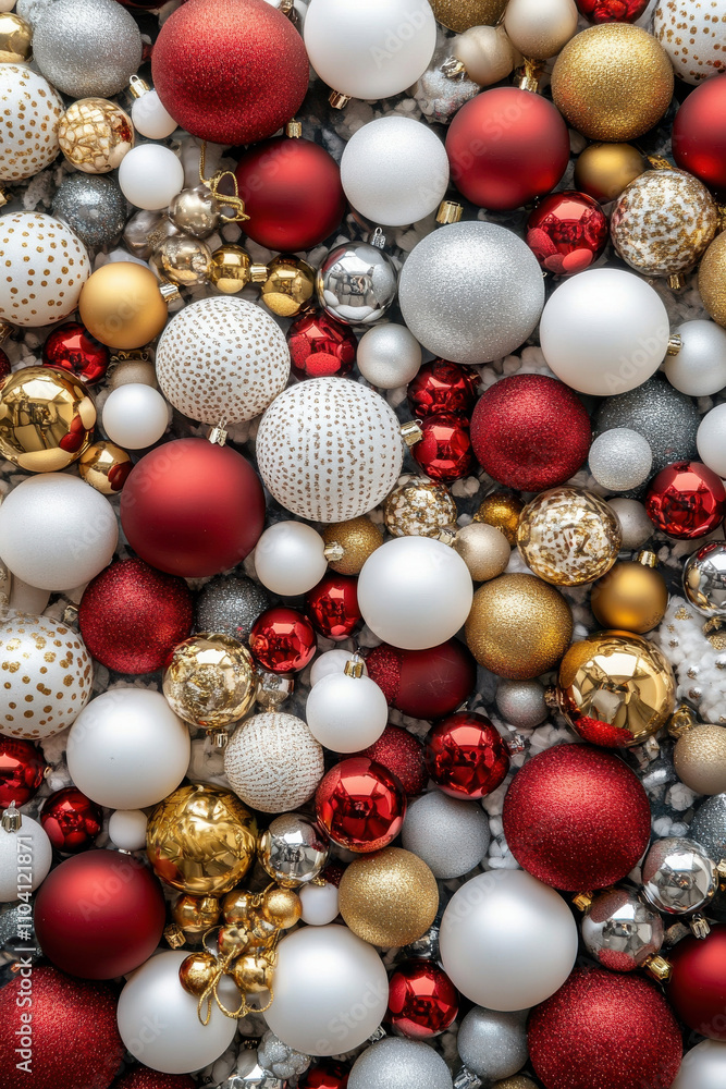 Close up photo of variety of Christmas ornaments in red, gold, and white, creating festive and joyful atmosphere. Perfect for holiday decorations and celebrations Close up photo of variety of Christmas ornaments in red, gold, and white, creating festive and joyful atmosphere. Perfect for holiday decorations and celebrations