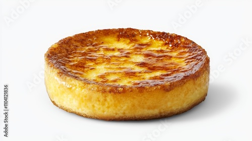  a flan on a white background It is a round, golden-brown flan with a flaky, buttery crust The flan is topped with a layer of caramelized sugar, giving it a sweet