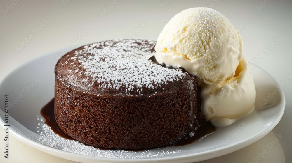 a decadent chocolate cake with a scoop of vanilla ice cream on top, sitting on a white plate The cake is a rich, dark brown color, and the ice cream is a creamy wh a decadent chocolate cake with a scoop of vanilla ice cream on top, sitting on a white plate The cake is a rich, dark brown color, and the ice cream is a creamy wh