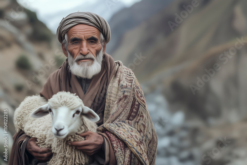 Goatherd with a goat in his arms.