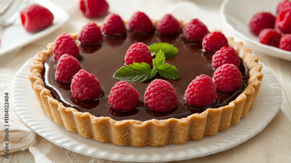 a delicious chocolate raspberry tart on a white plate, surrounded by fresh raspberries and mint leaves On the left side of the plate, there is a fork and a napkin, a delicious chocolate raspberry tart on a white plate, surrounded by fresh raspberries and mint leaves On the left side of the plate, there is a fork and a napkin,