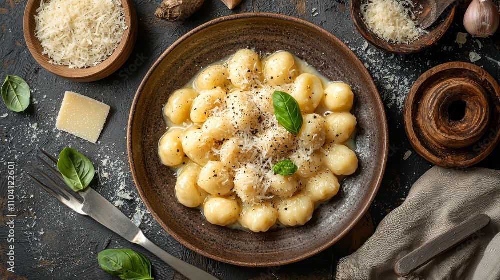 a bowl of gnocchi with parmesan cheese and basil on a black background The bowl is filled with a creamy white sauce and topped with fresh basil leaves A fork and a bowl of gnocchi with parmesan cheese and basil on a black background The bowl is filled with a creamy white sauce and topped with fresh basil leaves A fork and