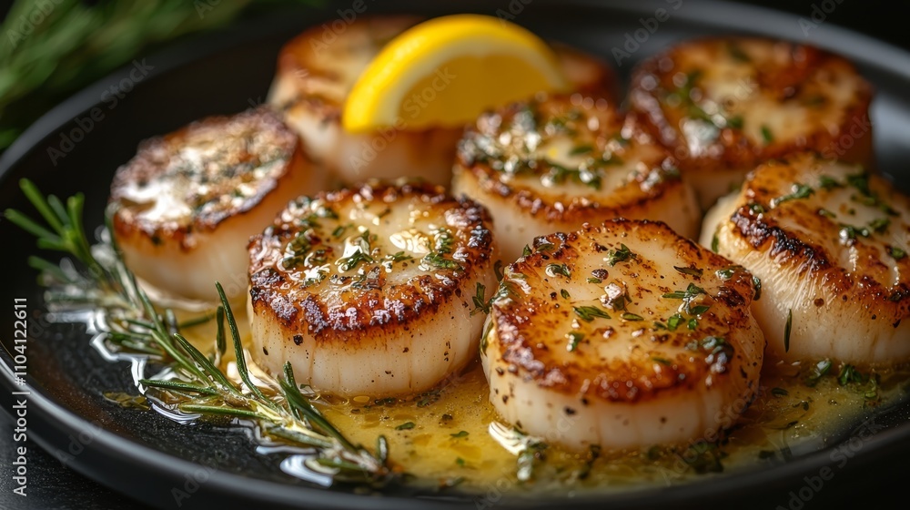 a plate of seared scallops with rosemary and lemon, set against a dark background The plate is filled with succulent, golden-brown scallop shells, and the rosemary a plate of seared scallops with rosemary and lemon, set against a dark background The plate is filled with succulent, golden-brown scallop shells, and the rosemary