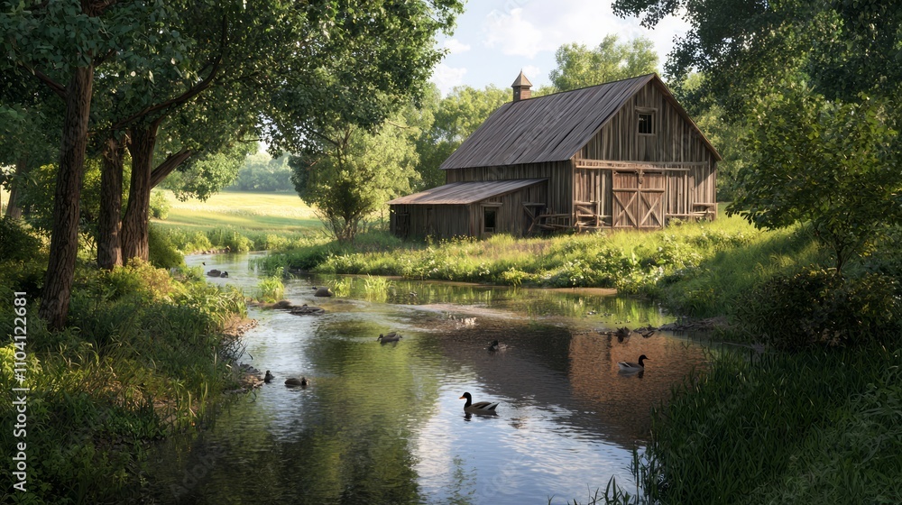 Tranquil Barn Scene with Creek and Ducks - Ultra-Detailed Rural Landscape with Serene Water Flow and Wildlife Tranquil Barn Scene with Creek and Ducks - Ultra-Detailed Rural Landscape with Serene Water Flow and Wildlife