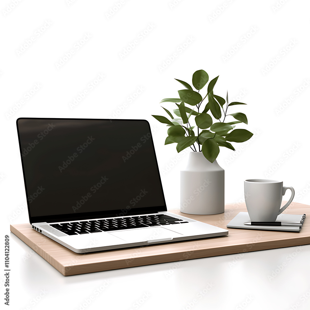 A modern workspace with a laptop, keyboard, and coffee cup on a sleek desk, ready for digital work and online communication A modern workspace with a laptop, keyboard, and coffee cup on a sleek desk, ready for digital work and online communication