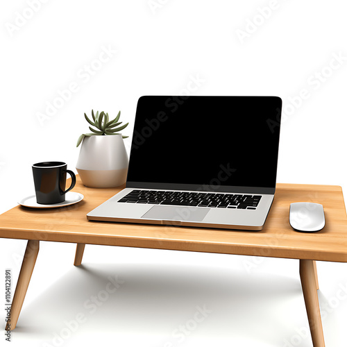 A modern workspace with a laptop, keyboard, and coffee cup on a sleek desk, ready for digital work and online communication