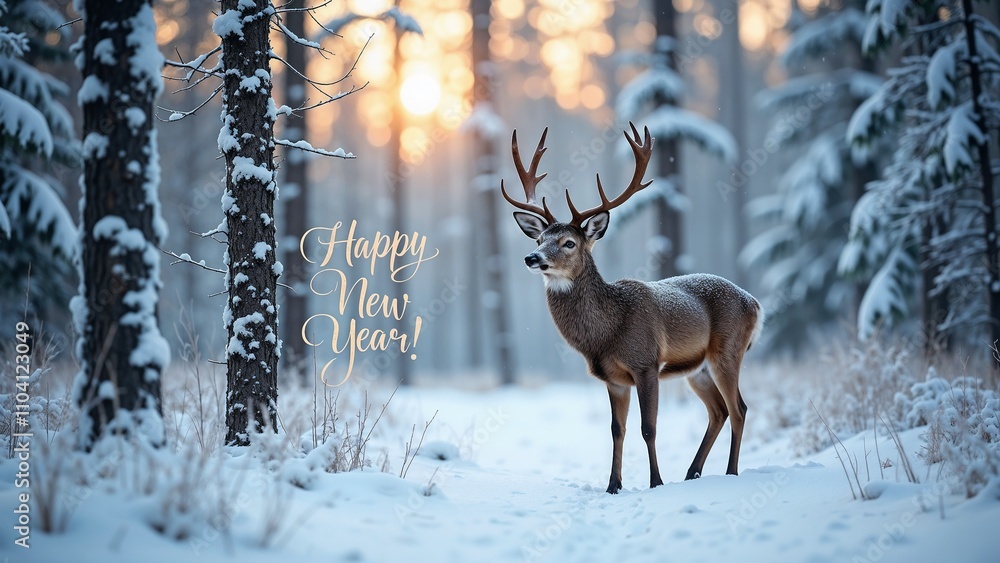 Celebrating the arrival of a new year with a majestic deer in a serene snow-covered forest at dusk