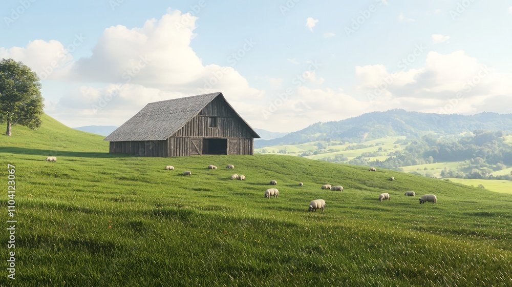 Ultra-Detailed Rural Scene of a Rustic Barn and Grazing Sheep in Picturesque Pastoral Setting Ultra-Detailed Rural Scene of a Rustic Barn and Grazing Sheep in Picturesque Pastoral Setting