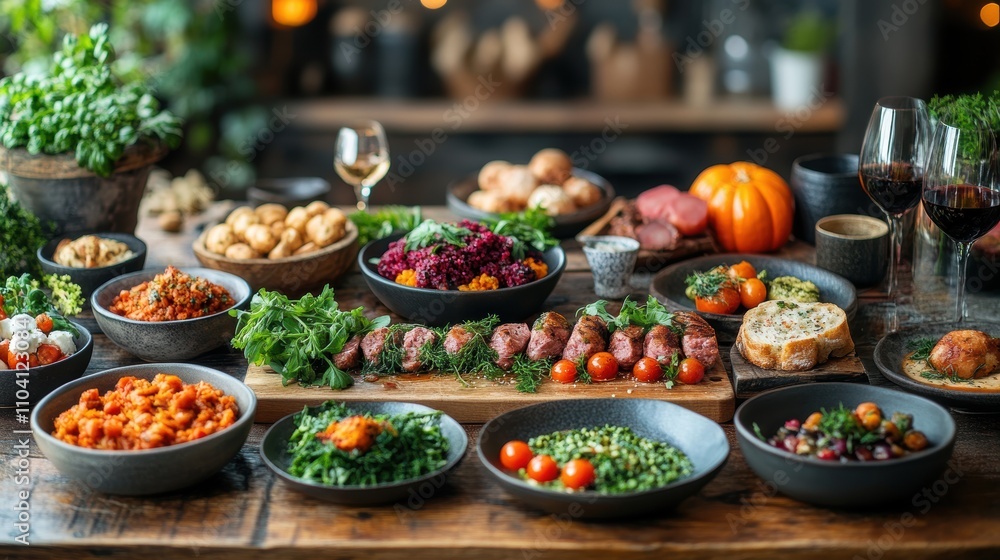 Fototapeta premium A beautifully arranged spread of diverse and vibrant food dishes showcasing a variety of ingredients and culinary styles on a rustic dining table