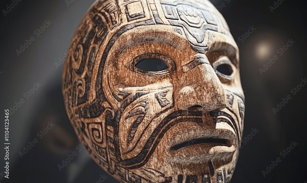Detailed close-up of an ancient, intricately carved wooden mask with geometric designs. Detailed close-up of an ancient, intricately carved wooden mask with geometric designs.