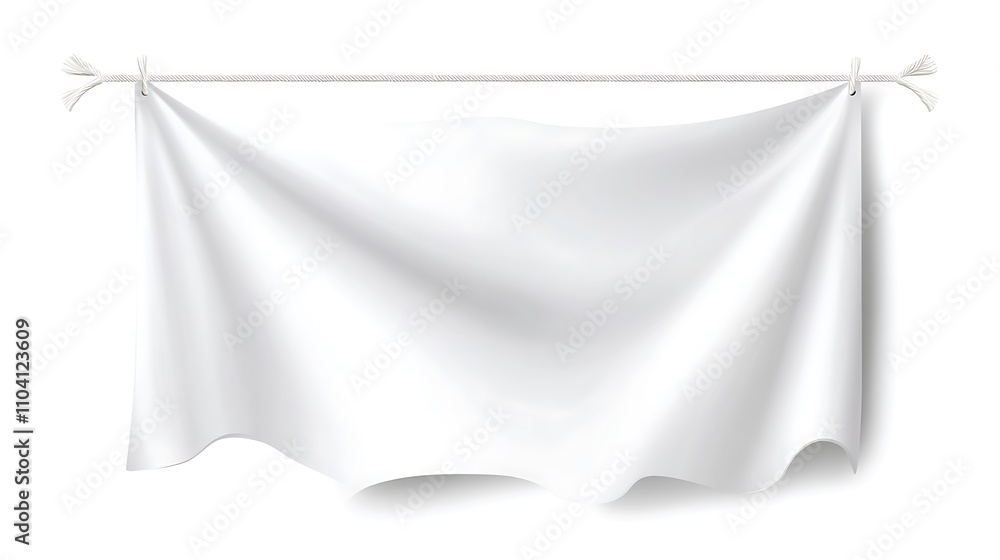 White fabric banner hang with rope on white background. White fabric banner hang with rope on white background.