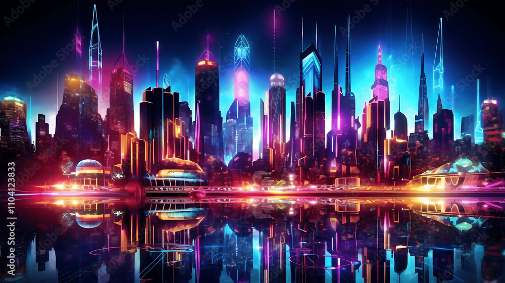 Obraz premium Cityscape skyline with blurred traffic lights at night