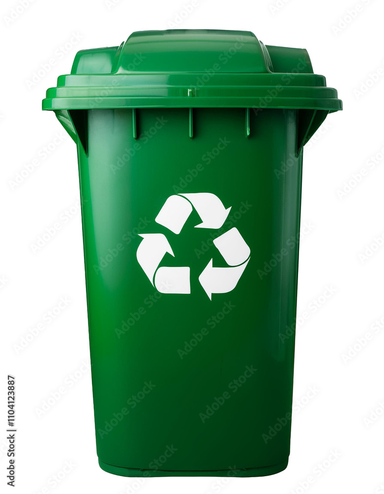 green garbage bin with recycling symbol, isolated on transparent background.