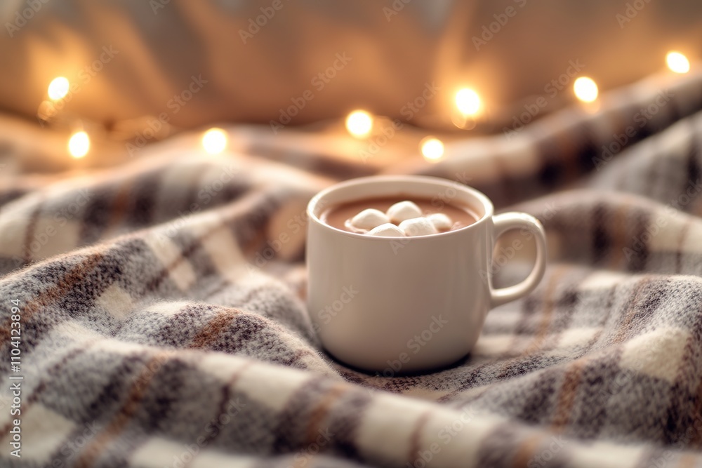 Cozy cup with marshmallows on plaid, warm lights Cozy cup with marshmallows on plaid, warm lights