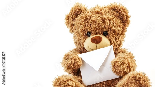 A brown teddy bear is sitting and holding a light beige envelope. photo