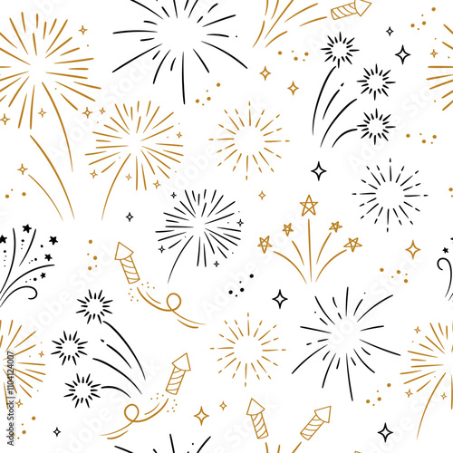 golden and black fireworks with stars and sparks on white background. Vector seamless pattern.