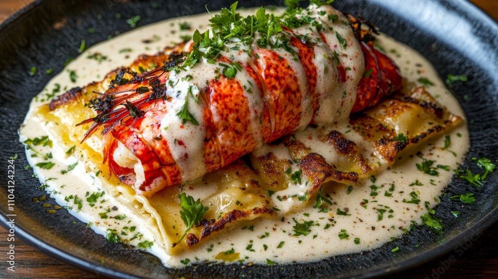 a black plate topped with a lobster covered in a creamy sauce The plate is sitting on a wooden surface, giving the image a rustic feel The lobster is cooked to pe a black plate topped with a lobster covered in a creamy sauce The plate is sitting on a wooden surface, giving the image a rustic feel The lobster is cooked to pe