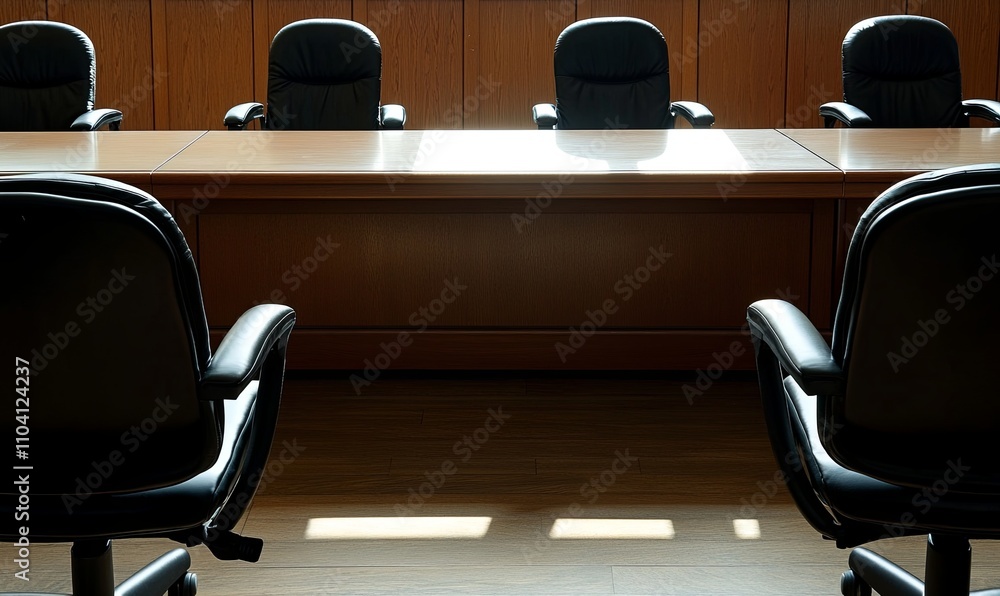 Empty conference room table with dark chairs, sunlight illuminating the surface. Empty conference room table with dark chairs, sunlight illuminating the surface.