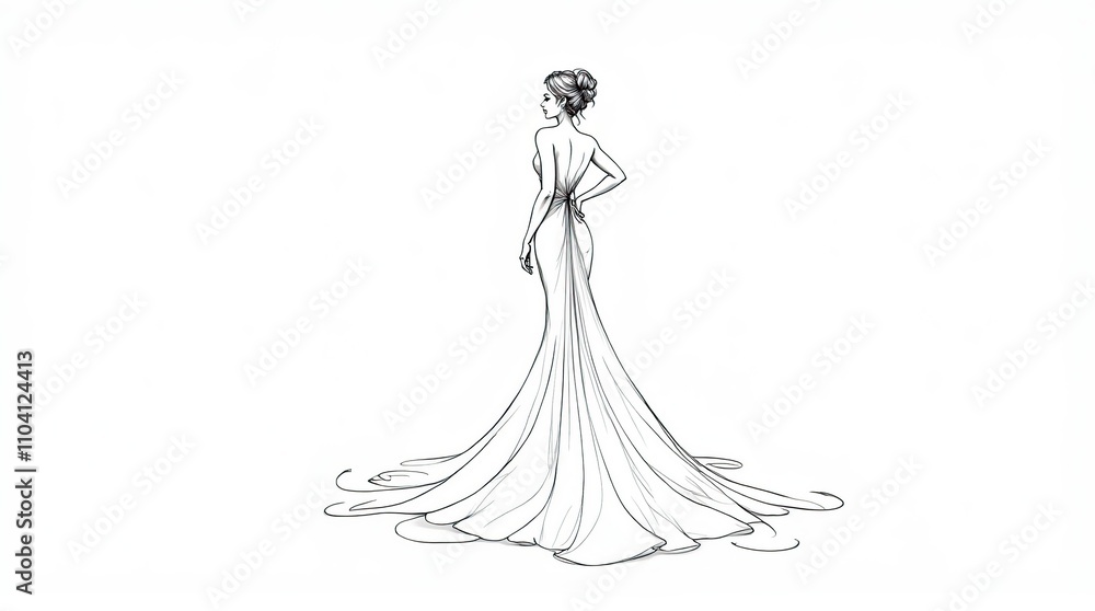 Elegant One-Line Drawing of Woman in Flowing Gown From Behind Elegant One-Line Drawing of Woman in Flowing Gown From Behind