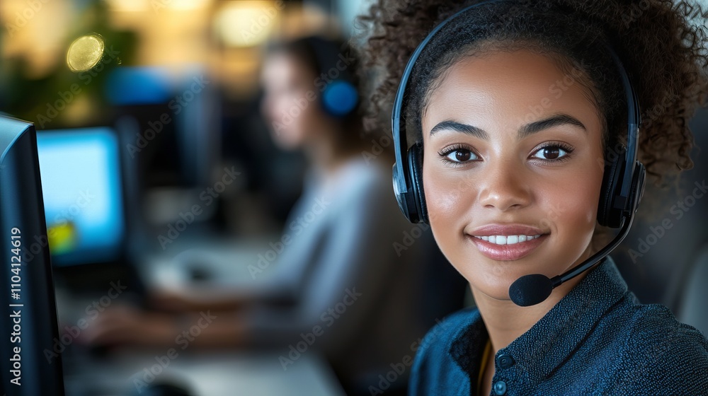 call center person Smiling young Black woman in a headset, providing customer support services in a modern office environment with a professional atmosphere. call center person Smiling young Black woman in a headset, providing customer support services in a modern office environment with a professional atmosphere.