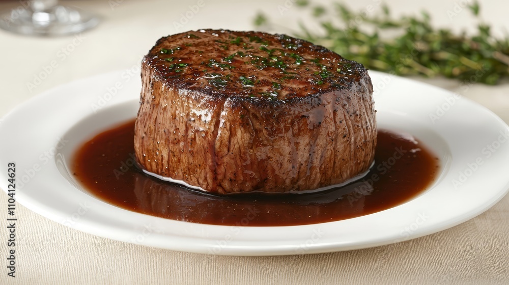 a white plate topped with a succulent filet mignon covered in a rich, brown sauce The plate is surrounded by a few green leaves, adding a pop of color to the dish a white plate topped with a succulent filet mignon covered in a rich, brown sauce The plate is surrounded by a few green leaves, adding a pop of color to the dish
