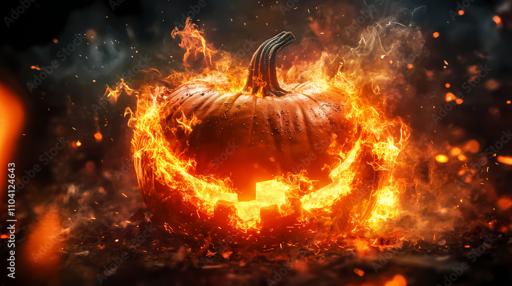 A pumpkin with an otherworldly glow as it burns with a mesmerizing blaze of flames and sparks, burning, flames. Otherworldly. Illustration A pumpkin with an otherworldly glow as it burns with a mesmerizing blaze of flames and sparks, burning, flames. Otherworldly. Illustration