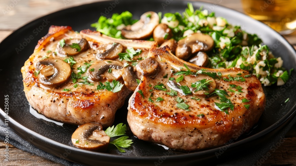 a plate of pork chops with mushrooms and parsley on a black plate, placed on a wooden surface with a cloth underneath The background is slightly blurred, giving th a plate of pork chops with mushrooms and parsley on a black plate, placed on a wooden surface with a cloth underneath The background is slightly blurred, giving th