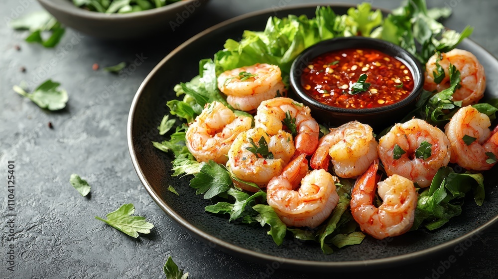 a black plate topped with shrimp and greens, accompanied by a bowl of dipping sauce The plate is filled with succulent shrimp, and the bowl is filled to the brim w a black plate topped with shrimp and greens, accompanied by a bowl of dipping sauce The plate is filled with succulent shrimp, and the bowl is filled to the brim w